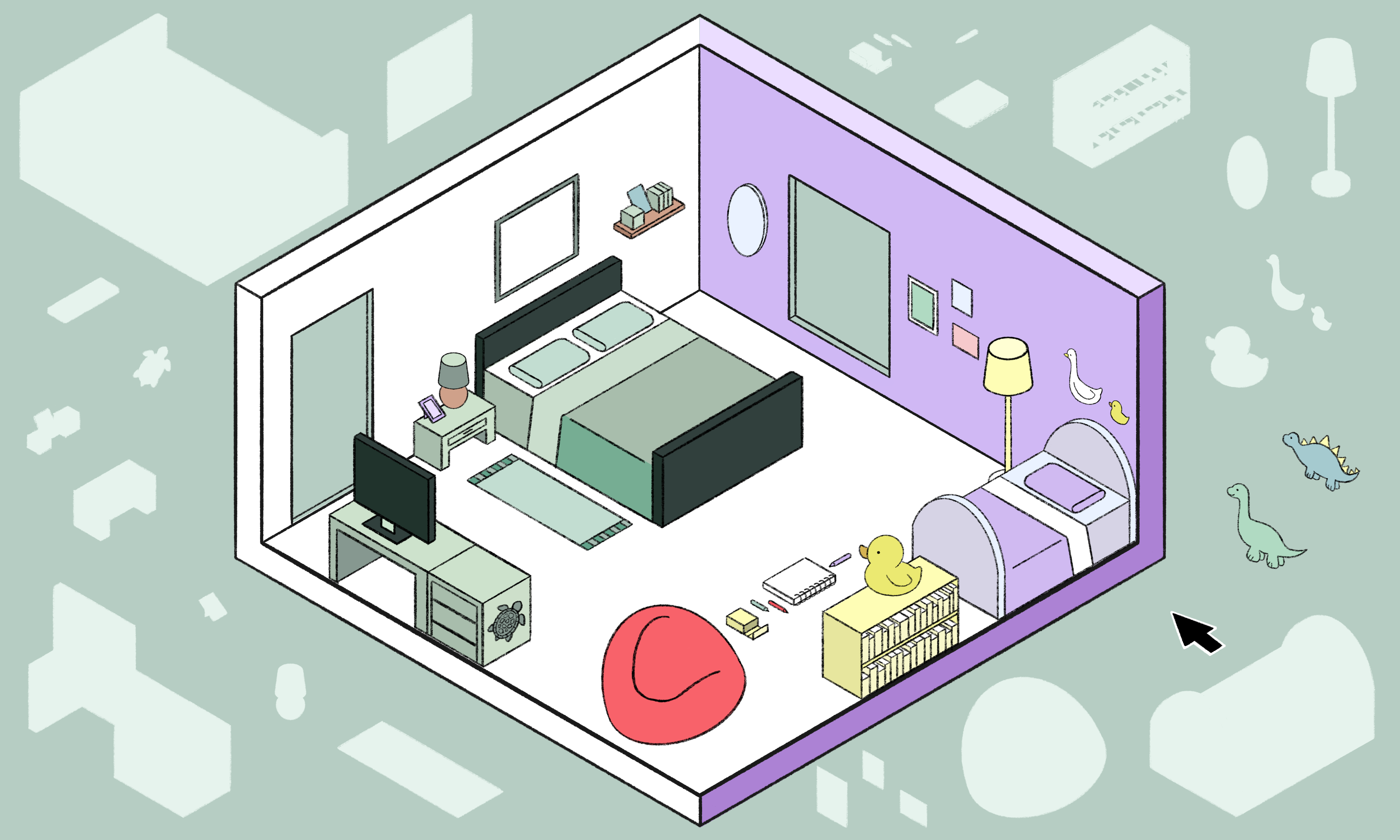 A mouse cursor goes back and forth toggling between dinosaur and duck theme decorations for a digital diagram of a room. The room is furnished with two beds, a desk, a bean bag chair and numerous other items. The left side of the room has a more mature, muted green palette while the right side of the room is more vibrant, with lilac, yellow, and red highlights.