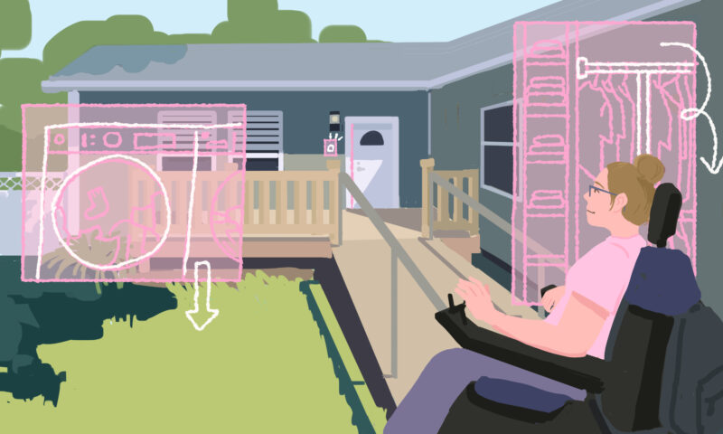 A woman in an electric wheelchair gazes up, smiling at her home from the bottom of a ramp. It is a bright and sunny day with shadows from trees covering parts of the lawn. Floating pink diagrams of a washing machine, closet and door sensor with white lines that highlight changes that have been made to make her home more accessible. These highlights include the washing machine with an arrow pointing down, the bar holding up her clothes with an arrow pointing down, and the button on the sensor with lines near it.