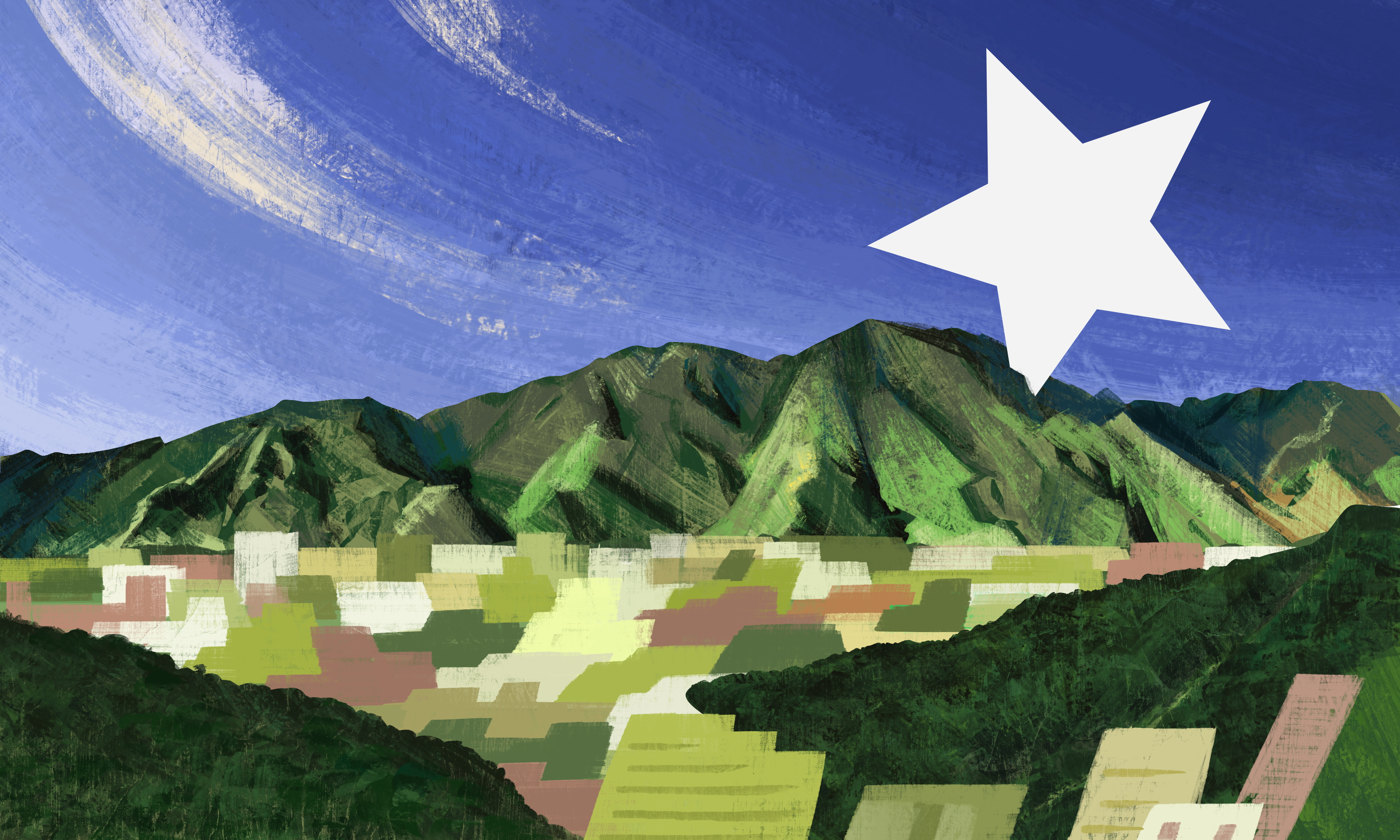 A high angle view of a giant white star silhouette being wedged into the mountains behind Caracas, Venezuela. The star represents Chavez’s reign referencing how he changed the Venezuelan flag to include an eighth star. The star’s intrusion and dangerous teetering has led Erwin Lopez Rada to lose the feeling of safety in his home country.